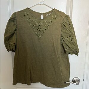 LOFT Olive Green Eyelet Puff Sleeve Blouse